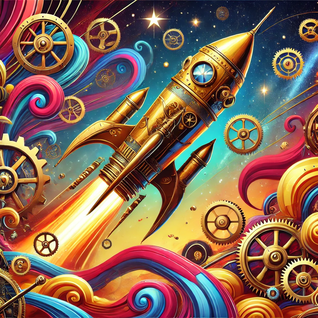 A steampunk-inspired rocket launching into a vibrant, colorful space with a comedic twist, representing a surreal and adventurous journey.