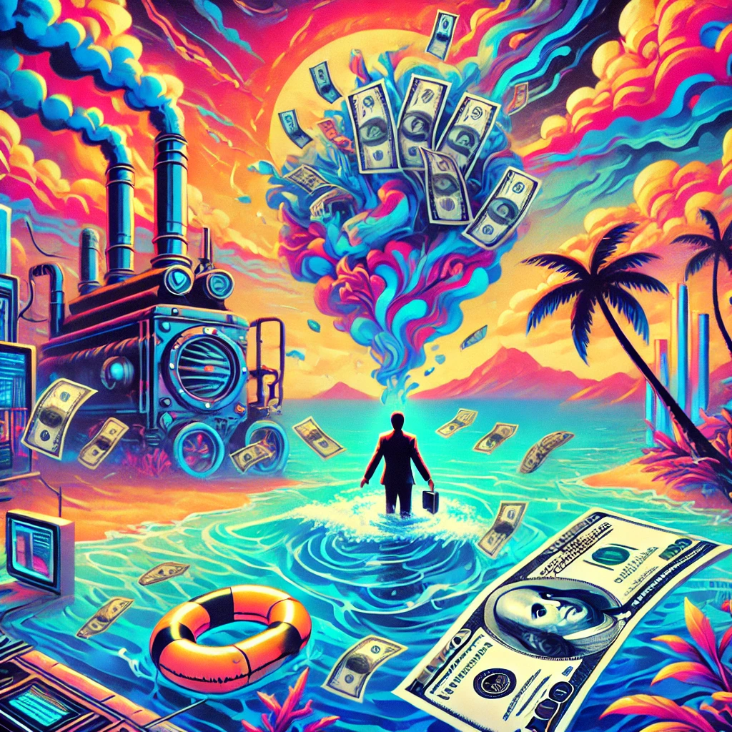 Cyberpunk-style person swimming in money on a vibrant paradise island with a steam machine in the background.