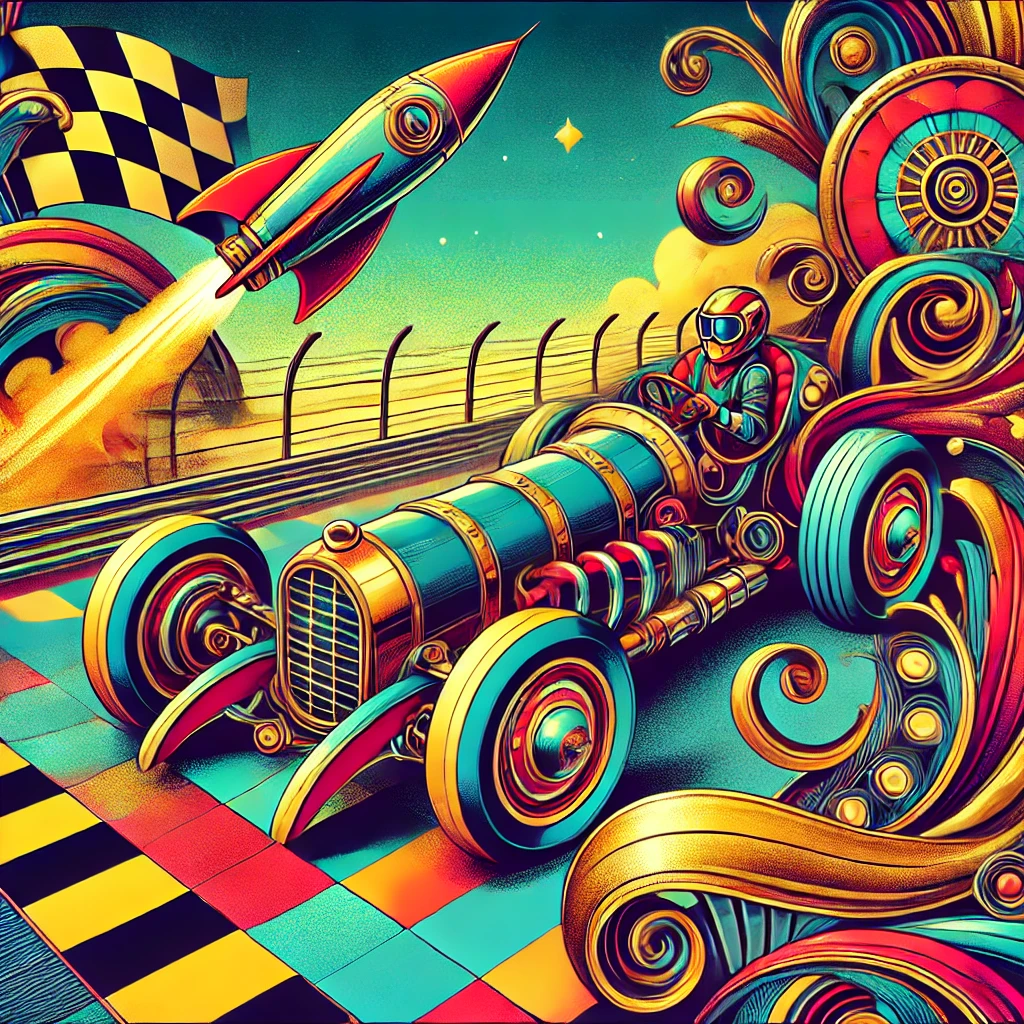 Steampunk-themed abstract image featuring a racetrack background with a vibrant cartoon-style rocket.