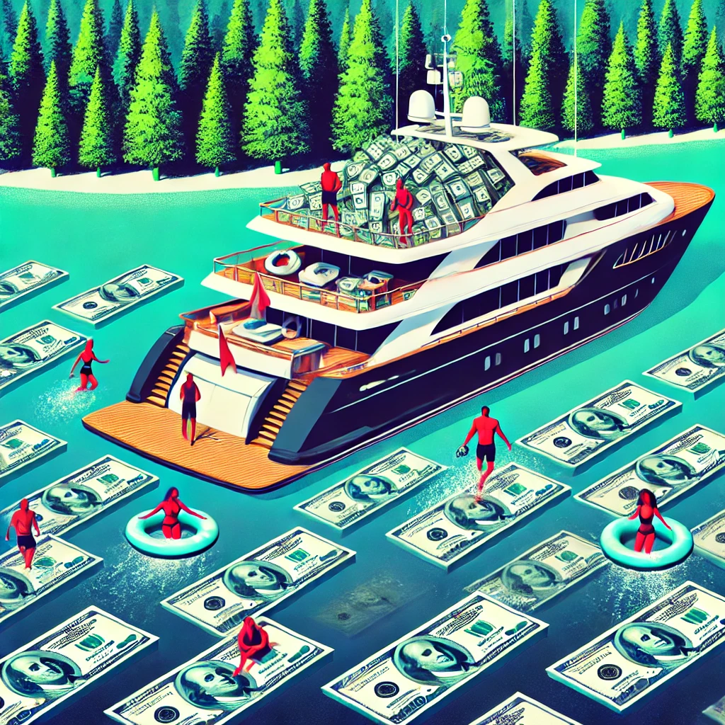 A luxurious scene on a yacht with people swimming in piles of money, with a forest visible in the background.