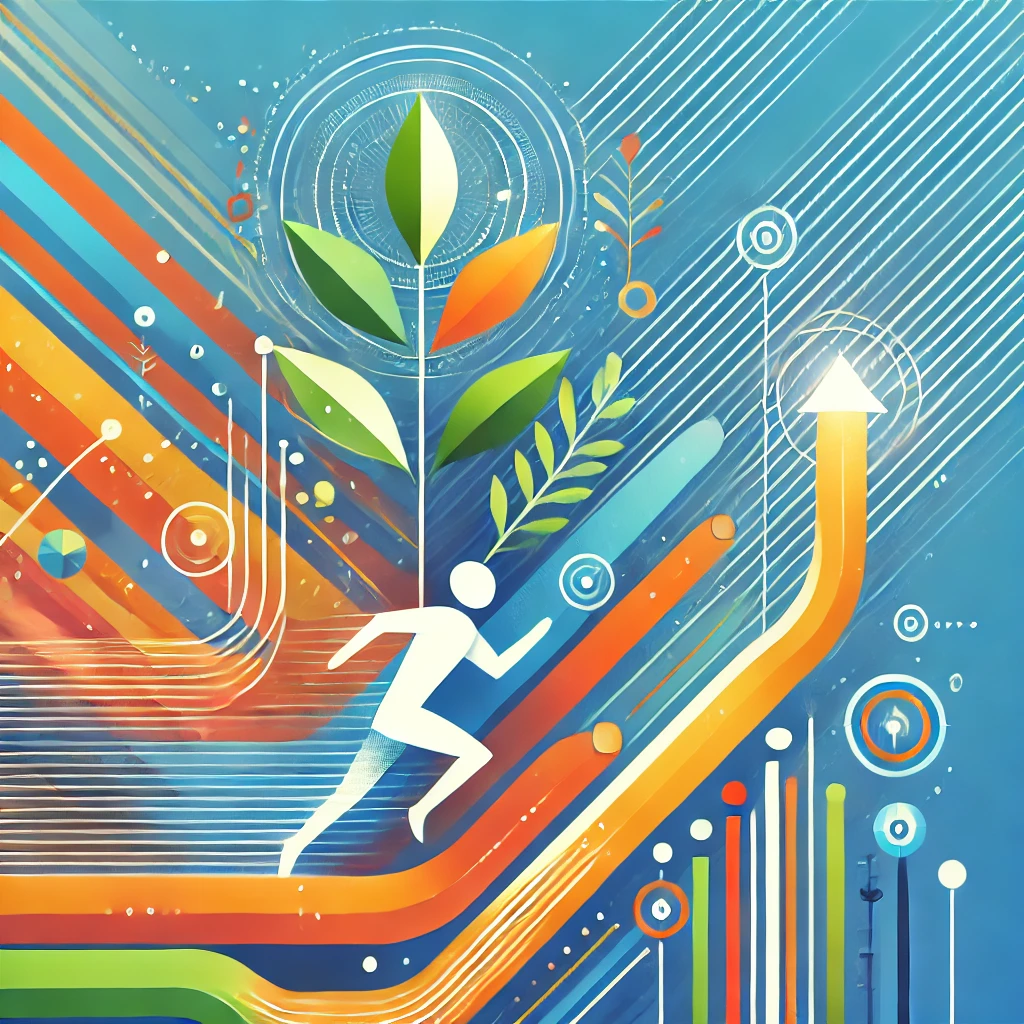 Modern artwork depicting a person symbolizing progress and positive energy, with an abstract background representing growth and development.