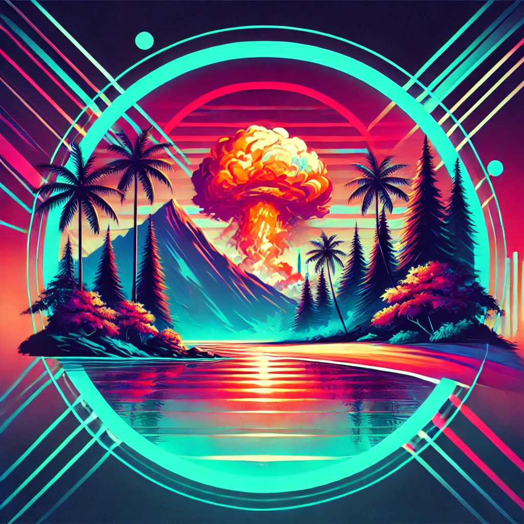 A vibrant and abstract image featuring a modern look with bold colors, showcasing a paradise island with a cyberpunk twist, and a distant explosion in a forested area.