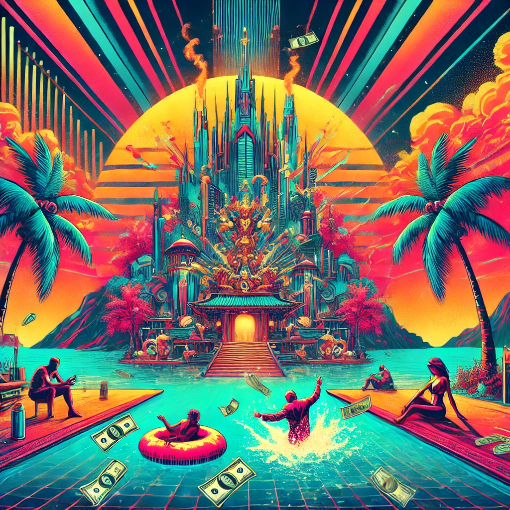 "A bold, vibrant, cyberpunk-inspired scene featuring people swimming in money on a lavish paradise island with an explosion in the background."