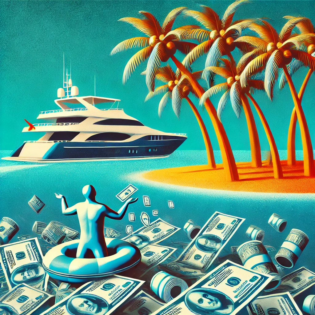 A surreal image of a person swimming in money with a yacht in the background and bold, vibrant colors.