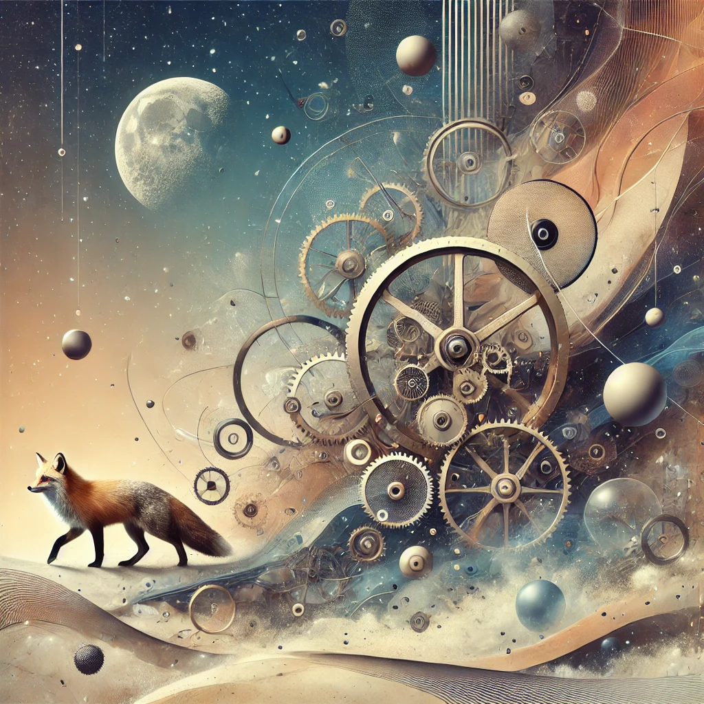 Steampunk abstract scene set in space, featuring a mellow color scheme with an animal in the background.