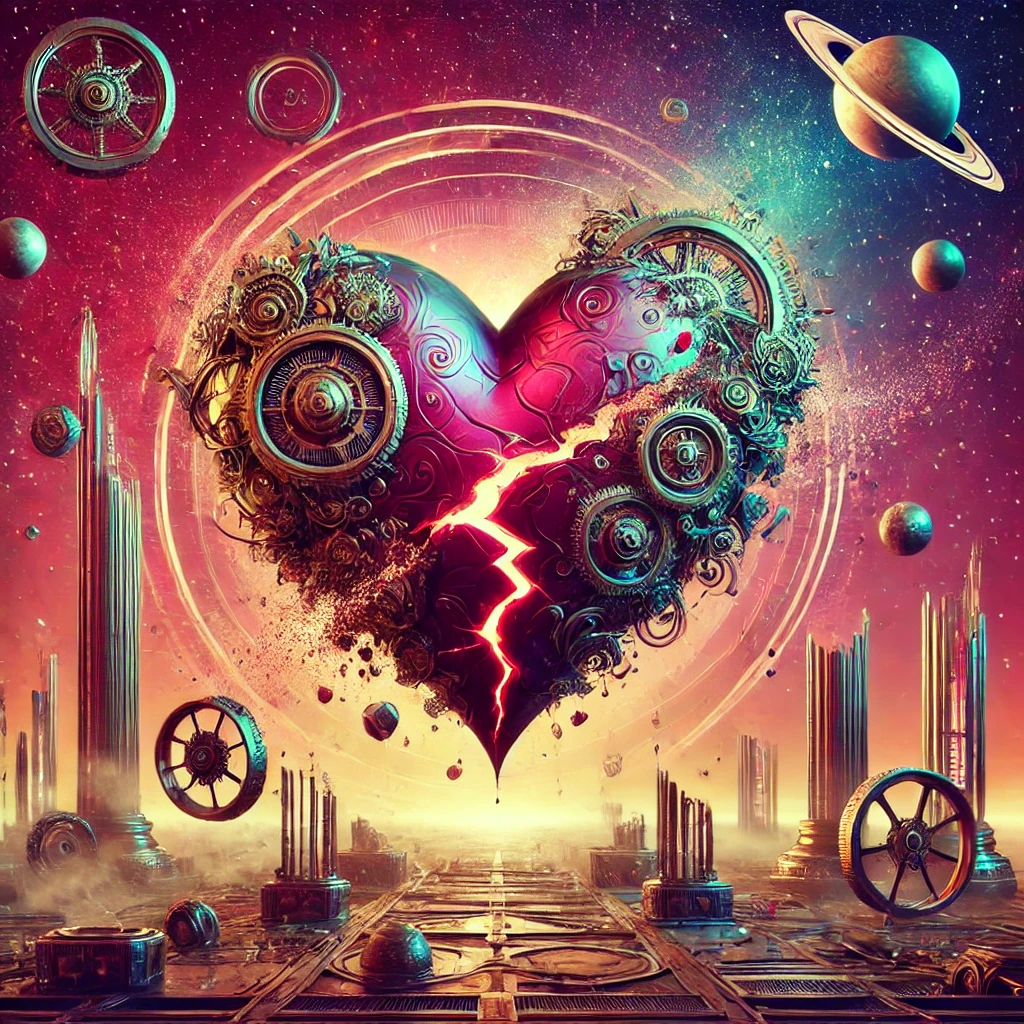 A large broken heart at the center of a steampunk-inspired space scene with floating mechanical parts and a steam machine
