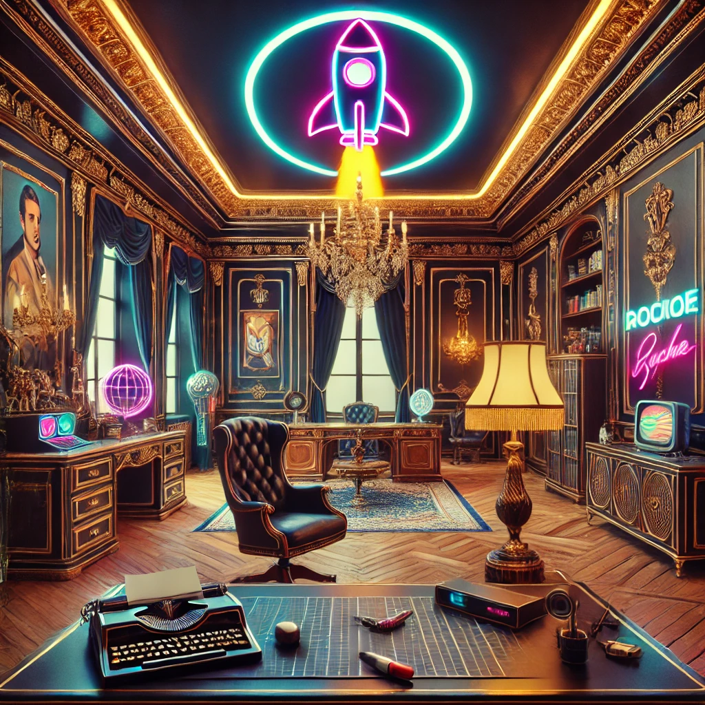 A French mid-century rich office with a cyberpunk twist, featuring opulent furniture, neon lights, and high-tech gadgets. A cartoonish rocket flies across the sky with an explosion in the background