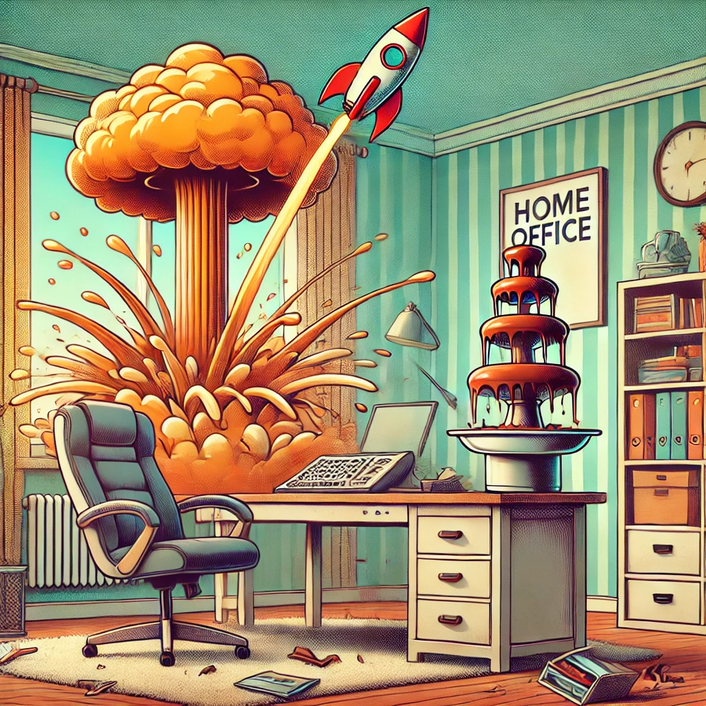 Funny cartoon-style image of a home office with an explosion near a desk, a rocket zooming through, and an out-of-place chocolate fountain.