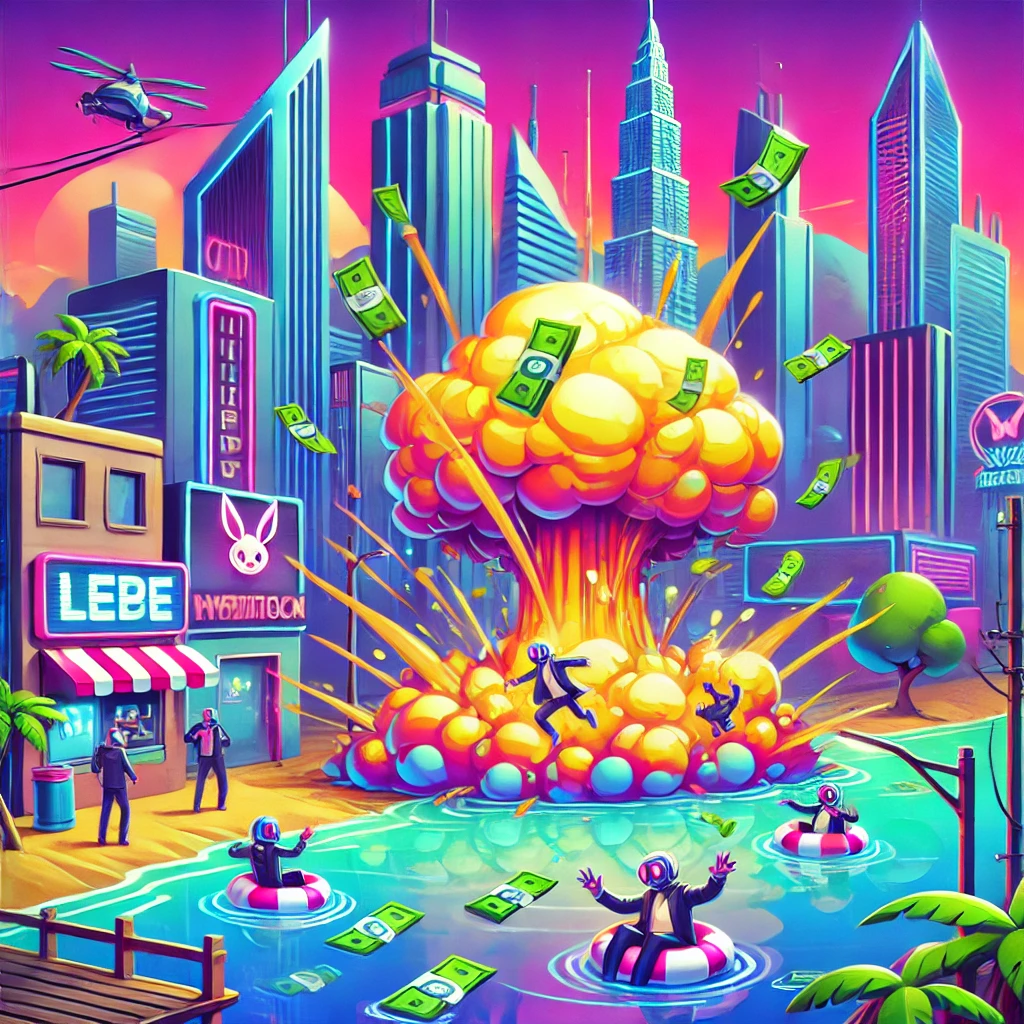Futuristic cyberpunk city skyline with a slapstick-style cartoon explosion and people swimming in piles of money.