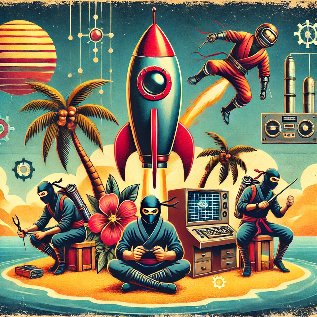 Steampunk and cyberpunk elements with a vintage look on a paradise island, where people are working seriously, with a cartoon-style rocket in the background.