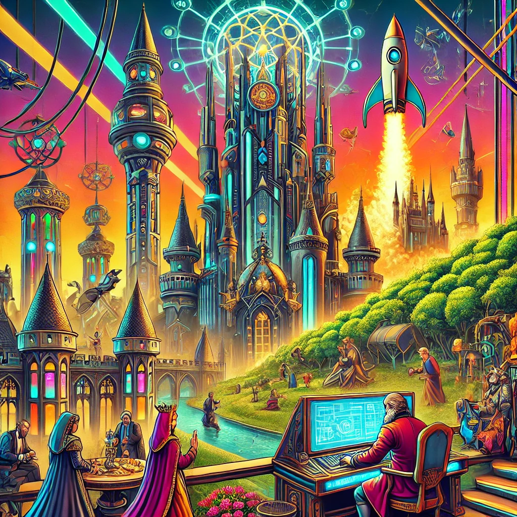 A surreal and vibrant scene combining cyberpunk and medieval kingdom aesthetics, with neon-lit opulent buildings and a paradise island with a yacht in the background. Abstract floating holograms and an explosion of vivid colors from a broken neon sign crash enhance the futuristic atmosphere.