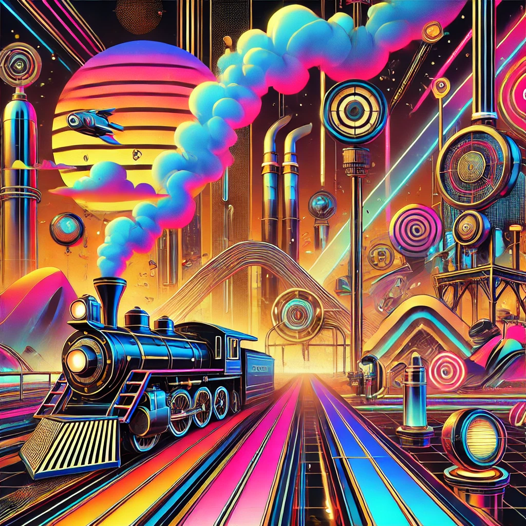 A vibrant cyberpunk and steampunk landscape with neon lights, industrial machinery, a steam machine, and a cartoon-style rocket flying through the sky.