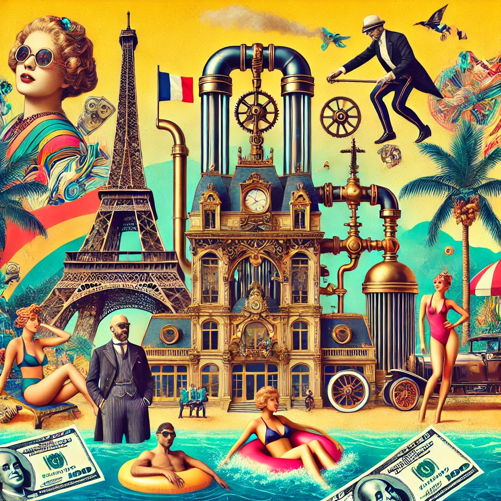 A steampunk-inspired scene with a French mid-century rich vibe, featuring people swimming in money on a paradise island with a vintage steam machine in the background.