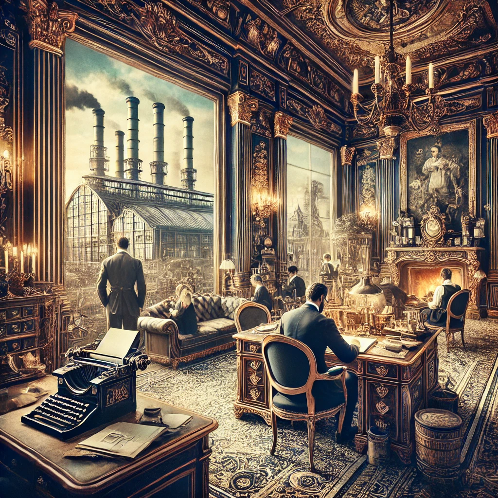 "An opulent French mid-century rich scene with a steampunk twist, featuring people working seriously in an ornate home office, with a large industrial factory in the background."