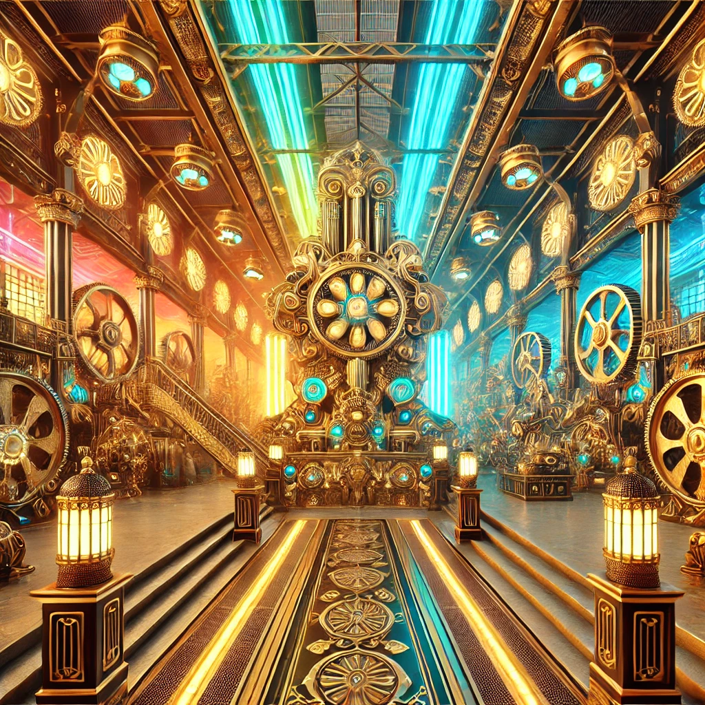 Steampunk-themed factory with vibrant colors, featuring large steam machines and brass elements in an opulent, industrial setting.