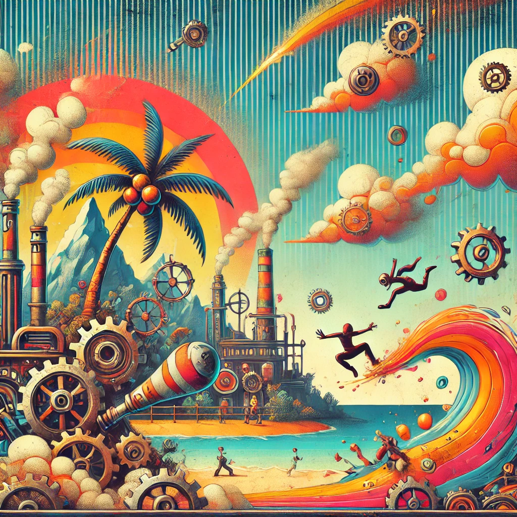 A vibrant steampunk scene featuring a paradise island with a futuristic factory in the distance, a steam machine puffing clouds, and a comical explosion with gears flying through the air.