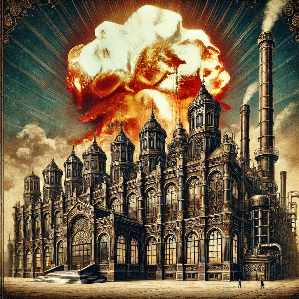 "An opulent, vintage-style representation of a factory with an explosion in the background, symbolizing industrial growth and dynamism."