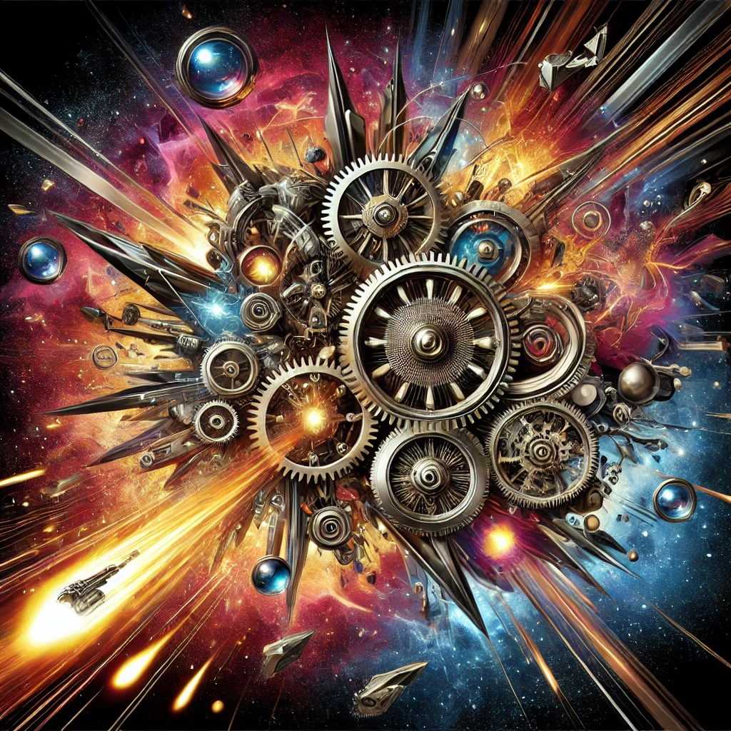 A bold and vibrant steampunk-themed abstract scene in space, featuring floating mechanical gears and a dynamic explosion in the foreground.