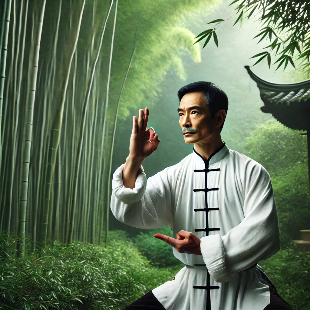 A focused Kung Fu master performing a traditional martial arts stance in a bamboo forest, surrounded by lush greenery, embodying wisdom and discipline.