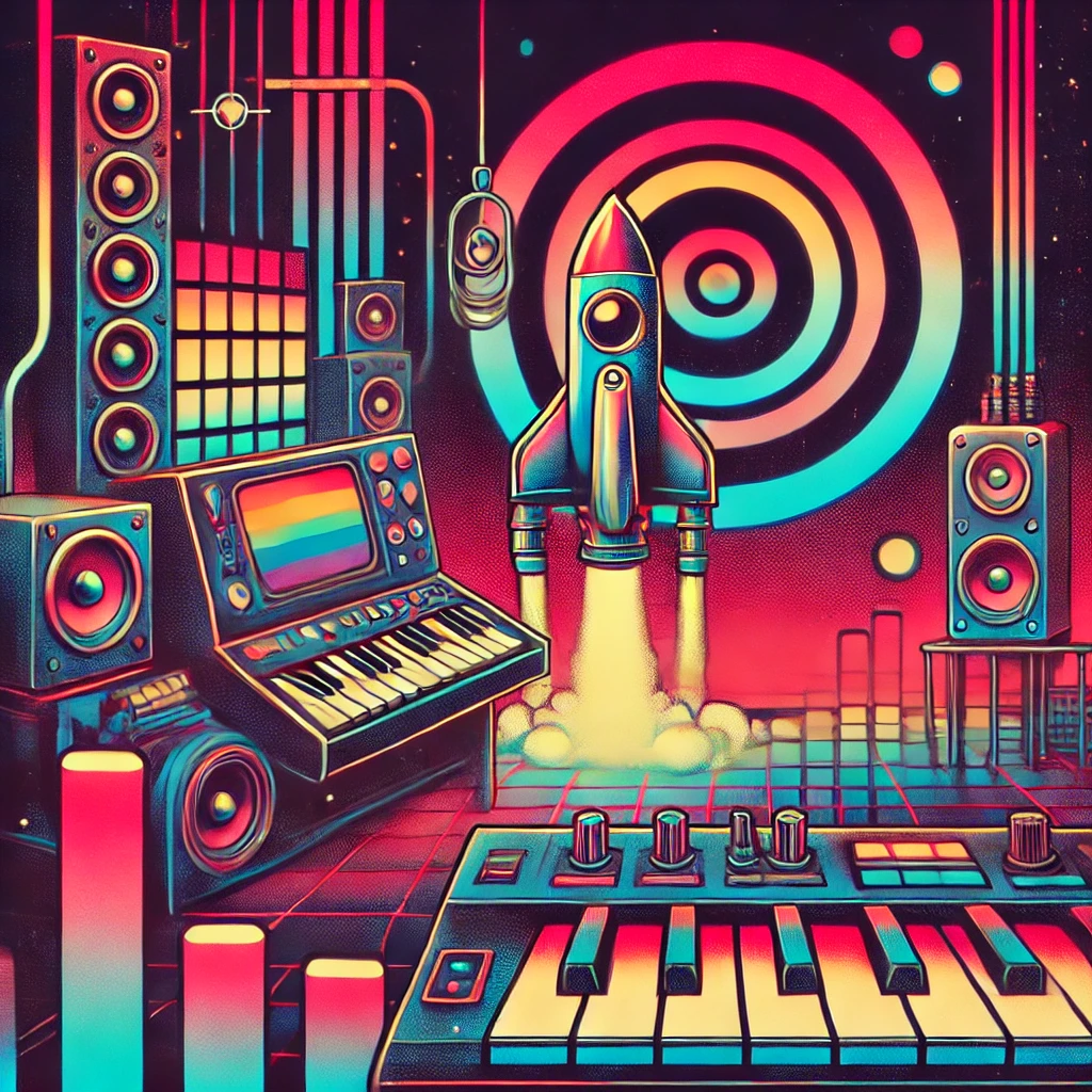 A vibrant cyberpunk-inspired abstract image featuring a futuristic music studio with neon equipment and a cartoon-style rocket in the background, blending bold colors with a vintage aesthetic.