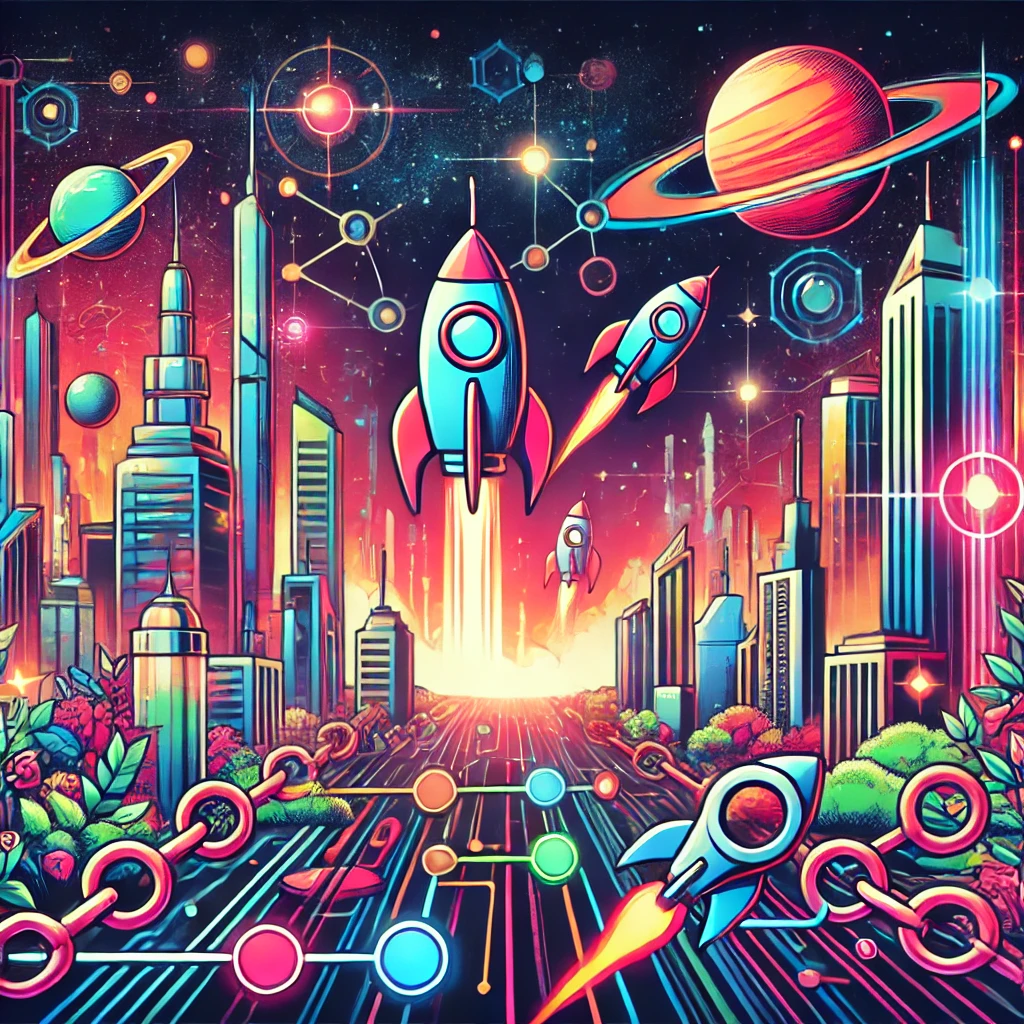 Cyberpunk cityscape with rockets flying through a space-themed background, representing a creative and chaotic link-building strategy.