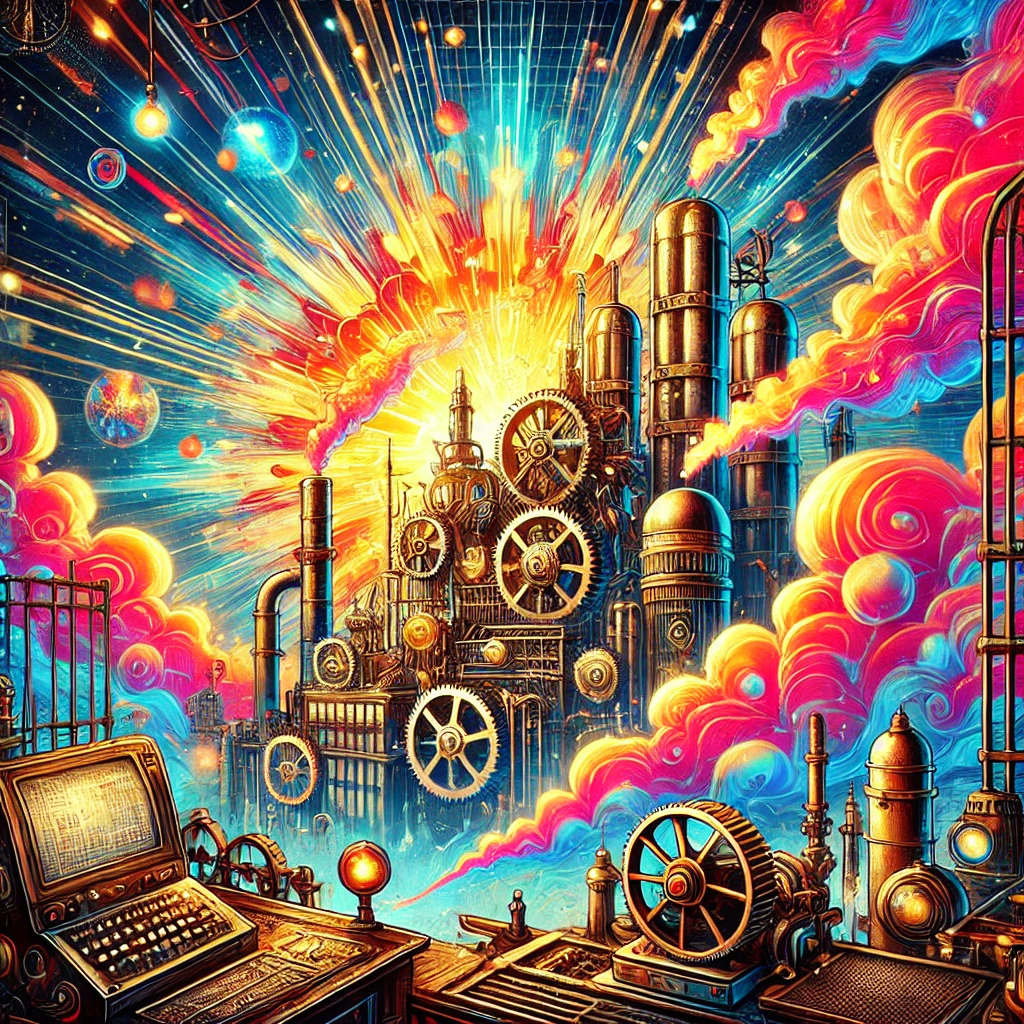 A vibrant cyberpunk and steampunk-themed image featuring a futuristic factory with steam machines and an abstract explosion in the background.
