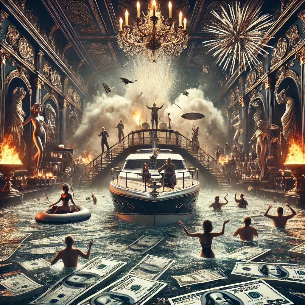 A lavish yacht scene with people swimming in money, set against a dark and opulent background, with an explosion in the distance for a dramatic effect.