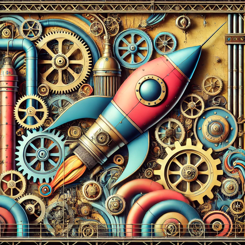 Steampunk factory with a cartoon rocket in bold vibrant colors.