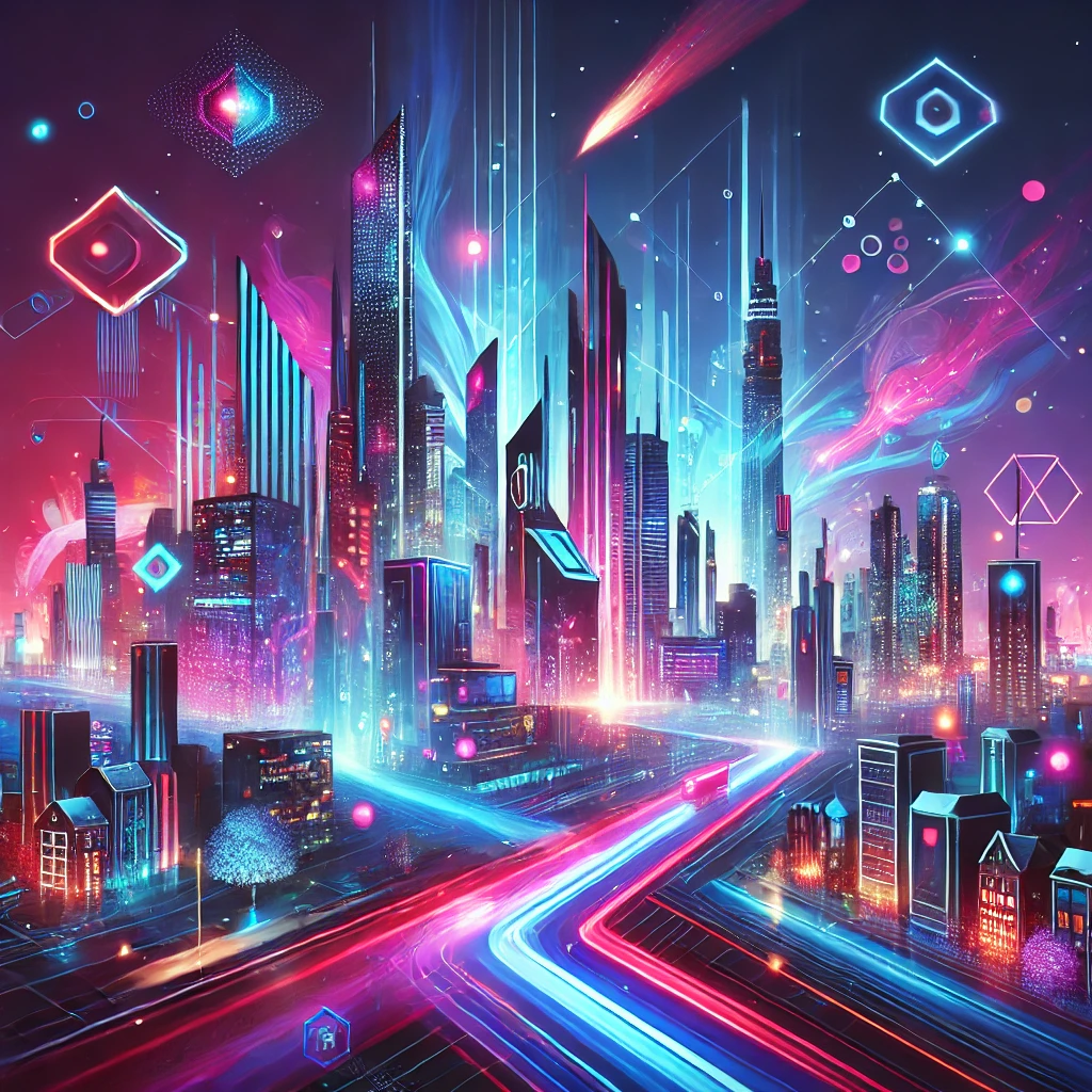 A vibrant cyberpunk cityscape with abstract shapes and neon lights, representing the idea of transforming thoughts into success.