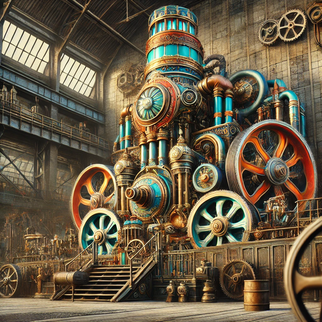 A steampunk-inspired scene featuring a bold, vibrant steam machine in the background of a vintage-style factory setting, evoking a mix of modern and industrial aesthetics.