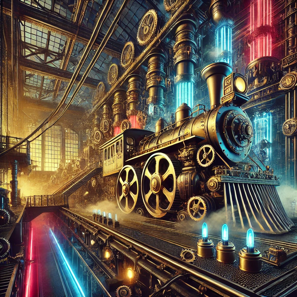 "Steampunk and cyberpunk blend featuring a factory with gears, steam pipes, and neon-lit structures."