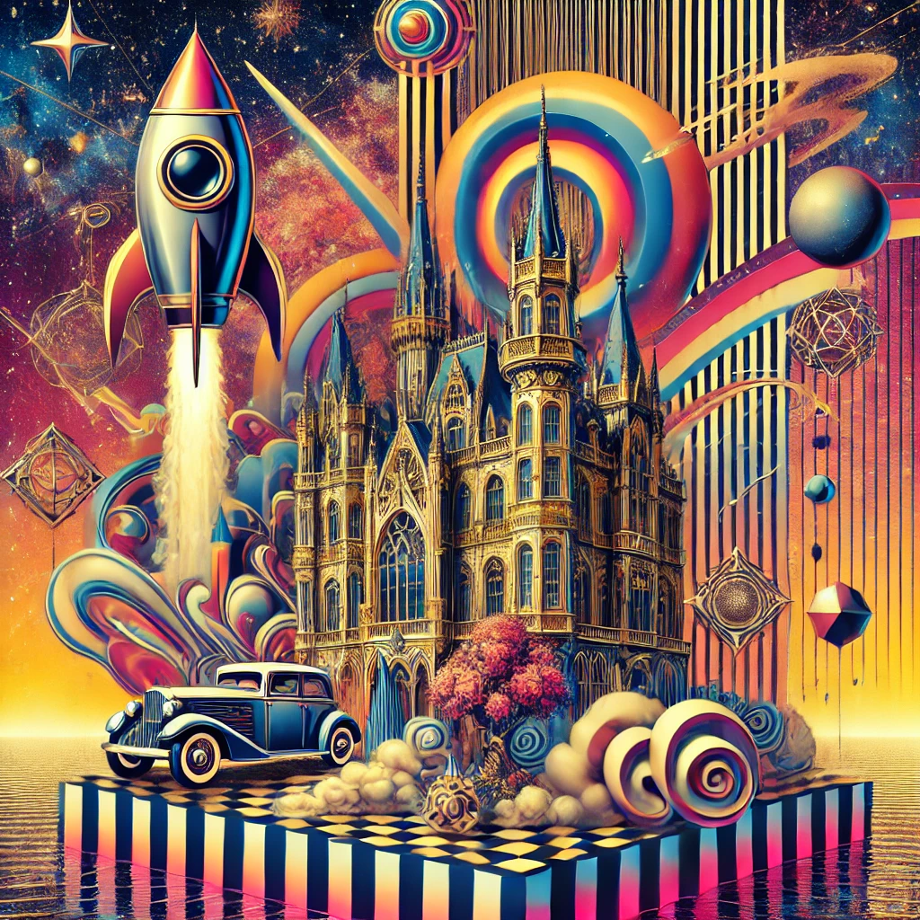 A surreal image combining cyberpunk and medieval kingdom themes, featuring a vibrant space background with a castle and a cartoon-style rocket.