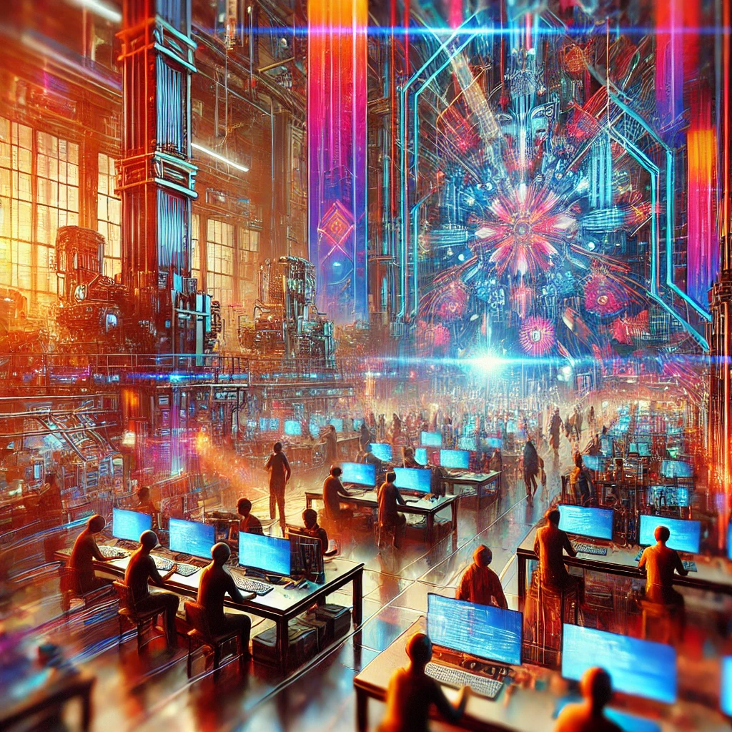 Abstract cyberpunk image of people working in a factory surrounded by vibrant colors and machinery, creating a blend of modern technology and industrial aesthetics.