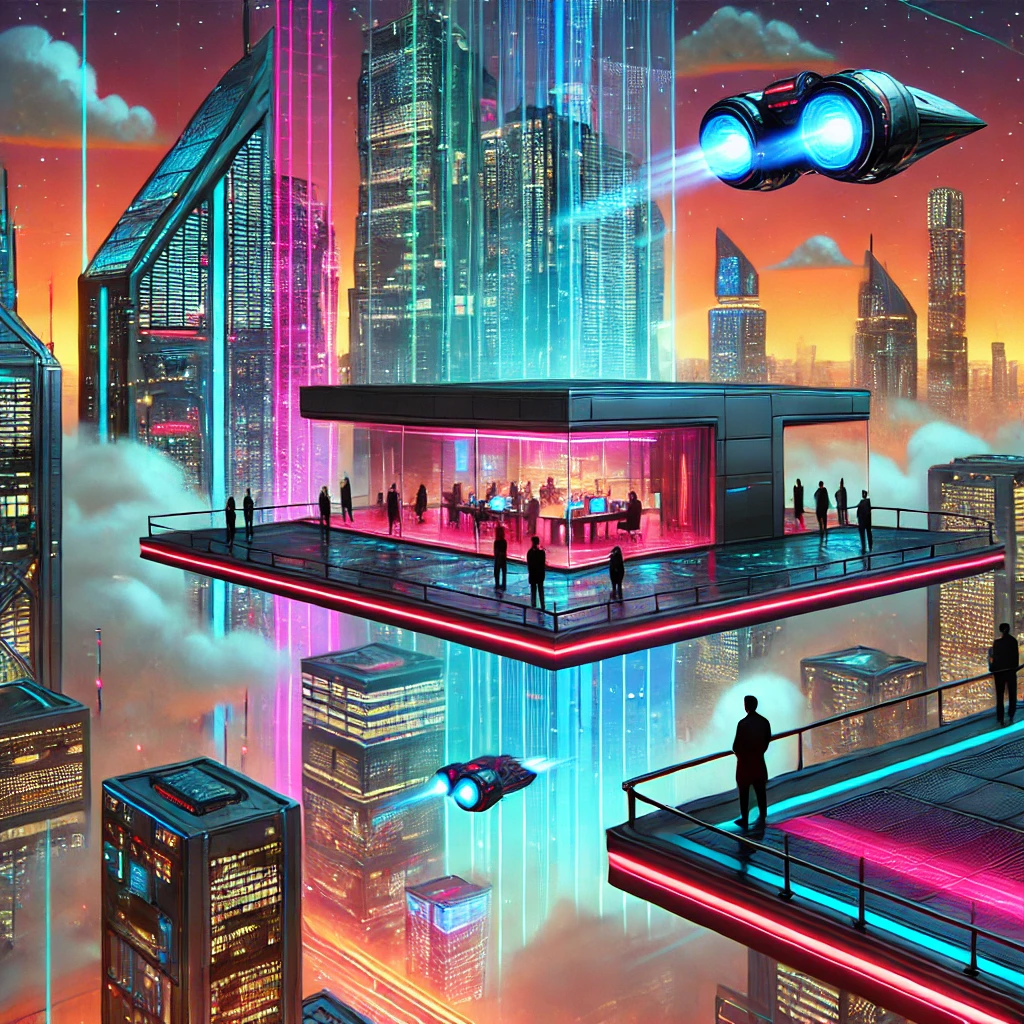 A futuristic cyberpunk city with people working in a floating office.