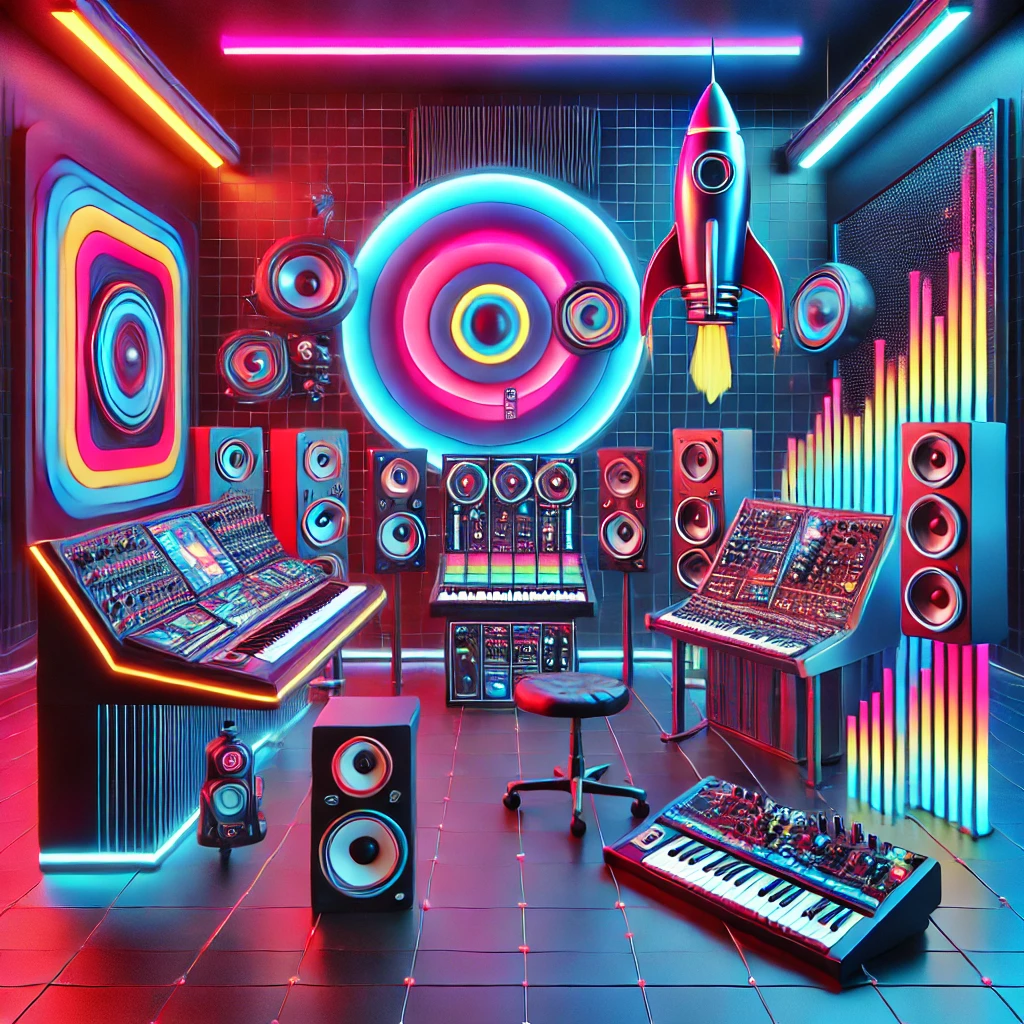 A vibrant, abstract cyberpunk scene featuring a colorful music studio with a cartoon-style rocket in the background.