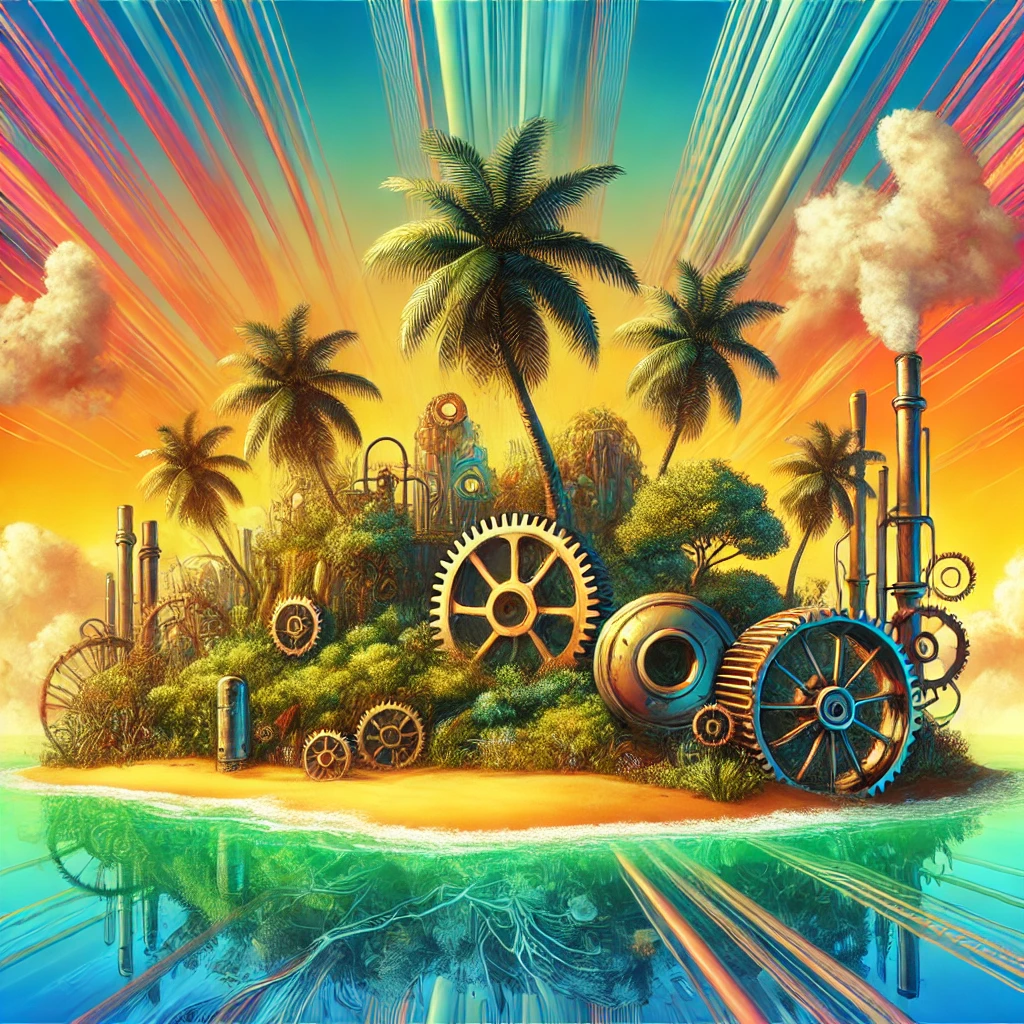 A vibrant, abstract scene featuring a paradise island with a mix of modern elements and steampunk machinery in the background.