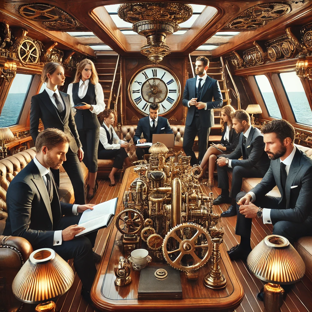A group of professionals working seriously aboard a luxurious steampunk-inspired yacht, blending opulence with industrial elements.