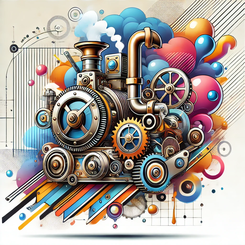 Steampunk-style steam machine with bold colors, representing technological advancements and creativity.