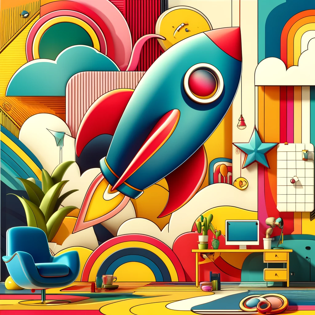 A vibrant, abstract comedic scene in a home office with a cartoon-style rocket in the background.