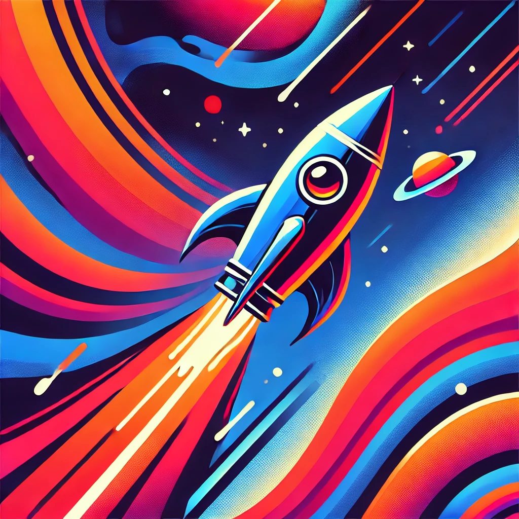 Abstract modern illustration with a vibrant space-themed background, featuring a cartoon-style rocket soaring through the sky.