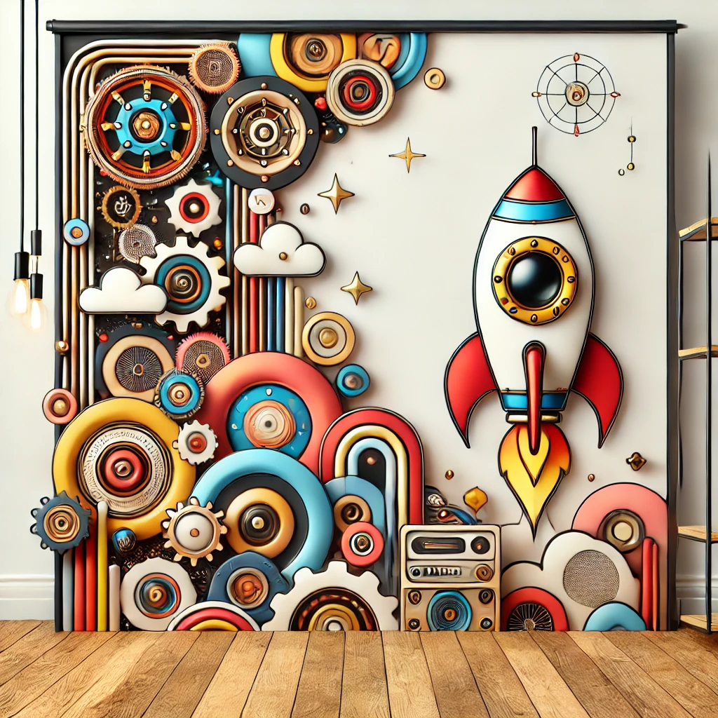 Steampunk-themed image with vibrant colors, featuring abstract elements in a modern studio setting with a cartoon-style rocket.