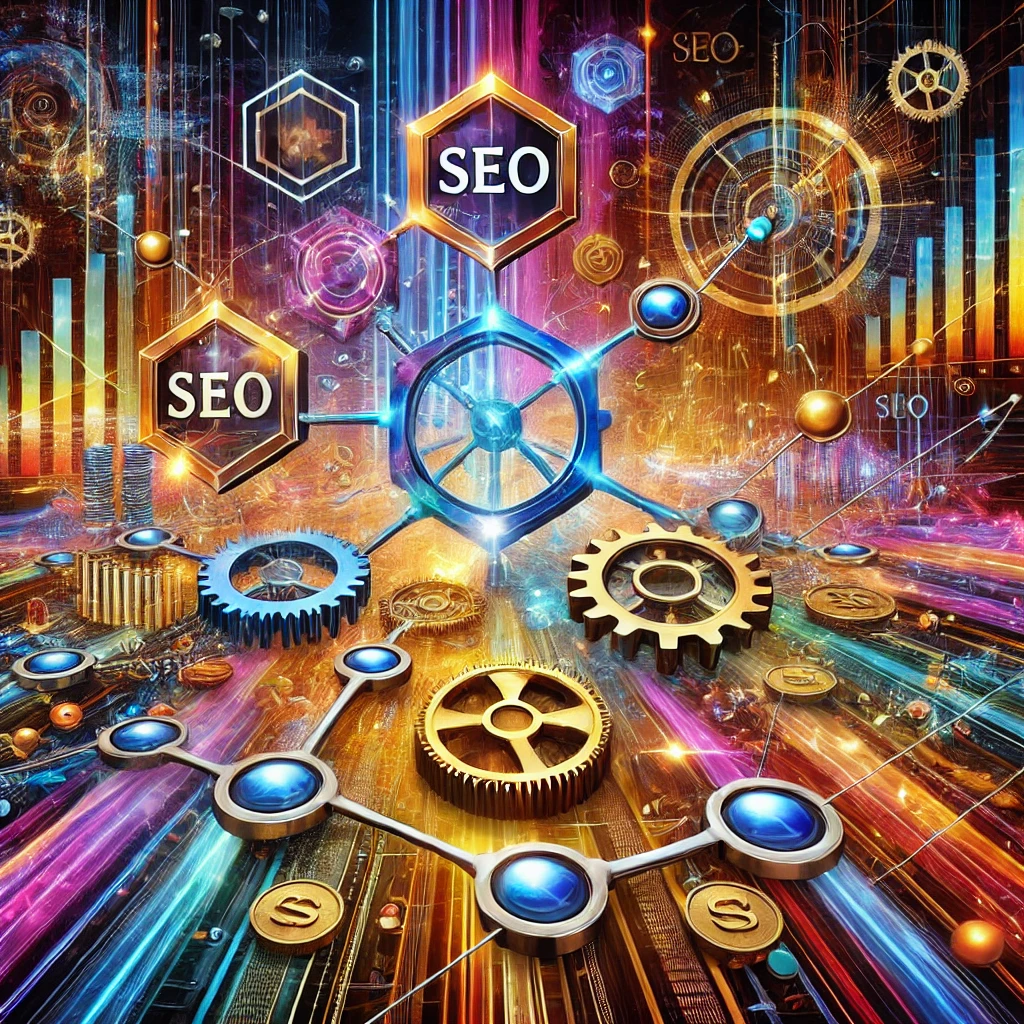 Colorful abstract depiction of SEO and link building strategies in a modern, tech-driven world, highlighting opulent tools for success.