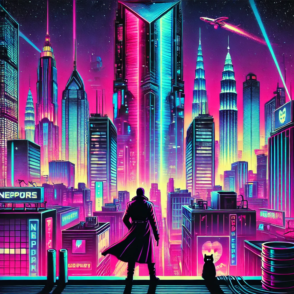 Cyberpunk cityscape with neon lights, a trench-coated figure, and a distant explosion in the night sky
