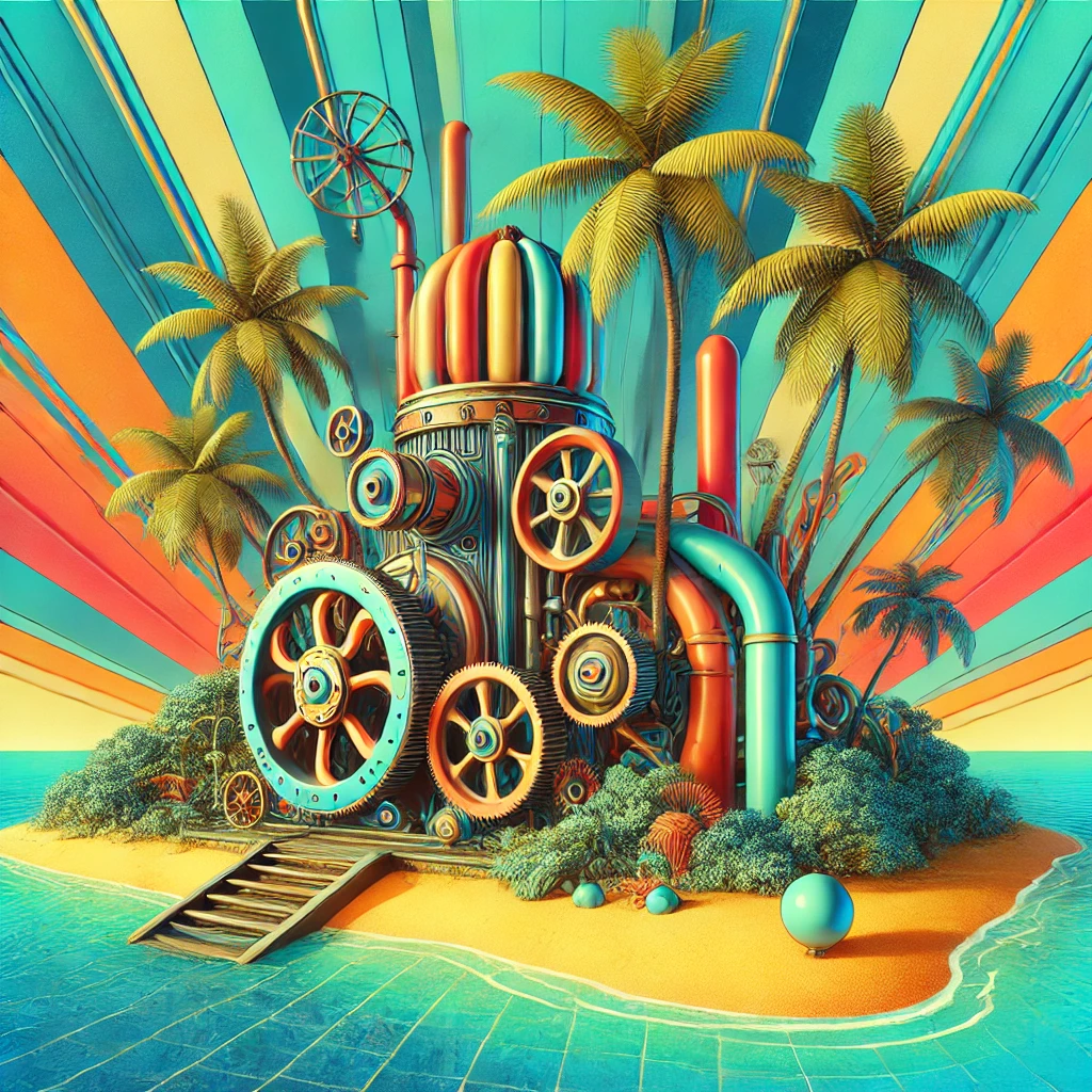 Steampunk machine on a paradise island with vibrant colors and an abstract design.