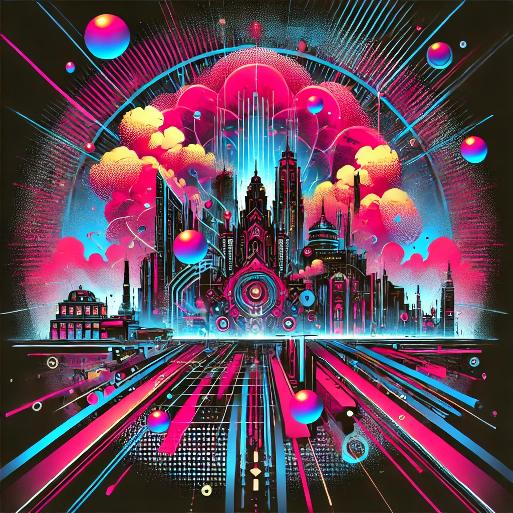 A futuristic cyberpunk cityscape with neon-colored explosions in the sky and modern high-tech buildings.