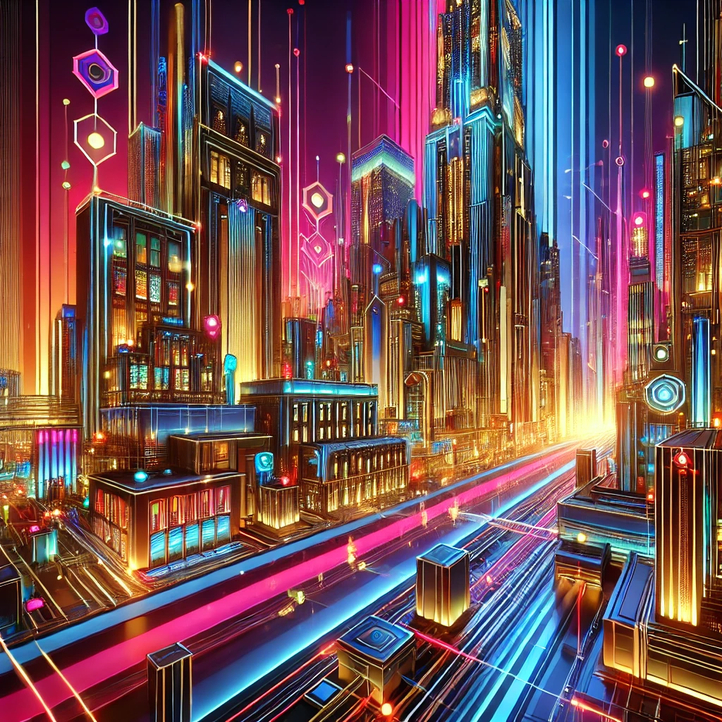 Cyberpunk city with neon lights and towering buildings showcasing a futuristic, vibrant metropolis.