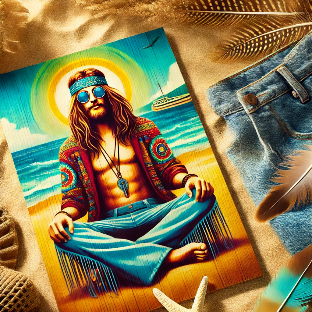 Hippie relaxing on a sunny beach, symbolizing freedom and a laid-back lifestyle.