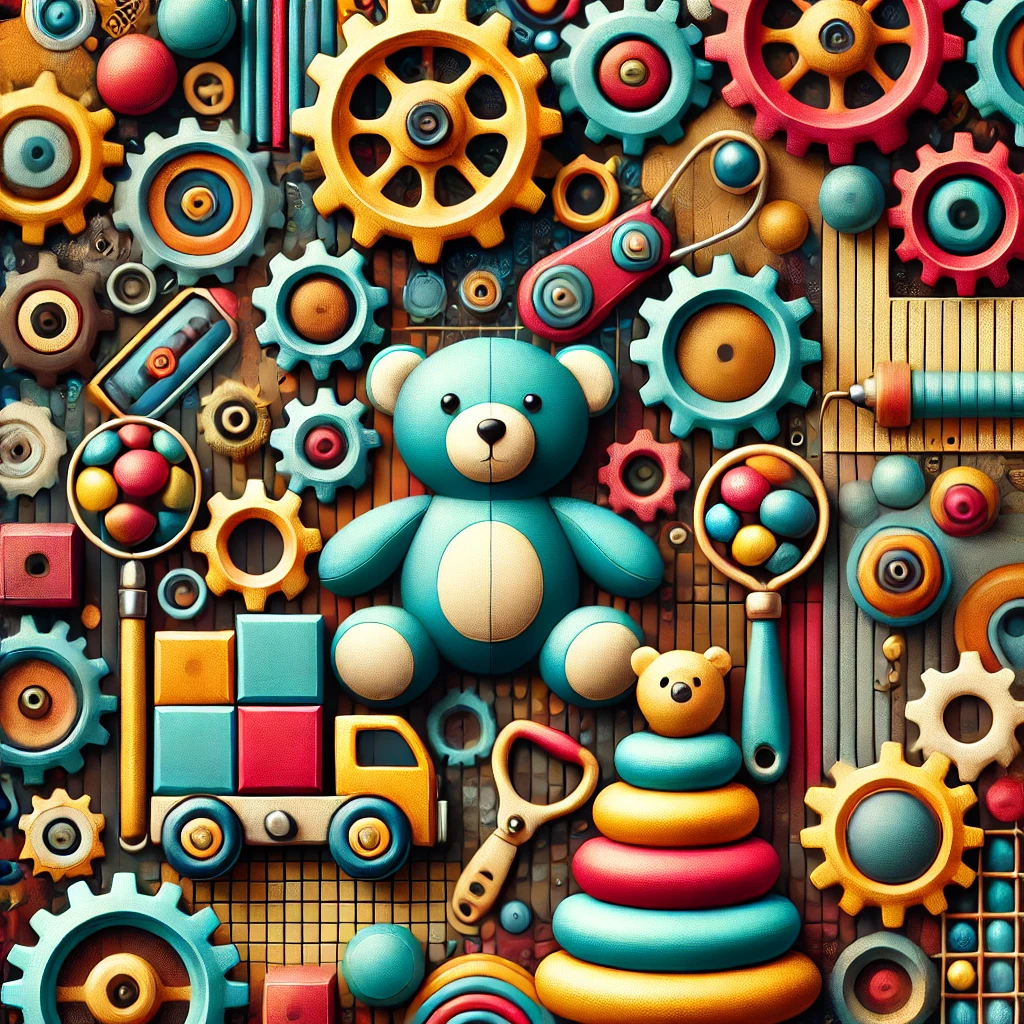 A whimsical scene with baby toys, including building blocks and teddy bears, scattered around a steampunk-style factory with gears and machinery.