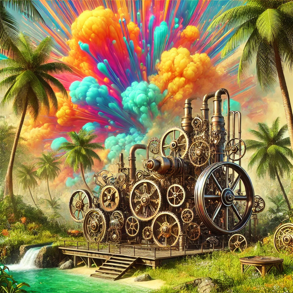 "Steampunk-inspired machinery on a tropical island with an abstract explosion in the background."