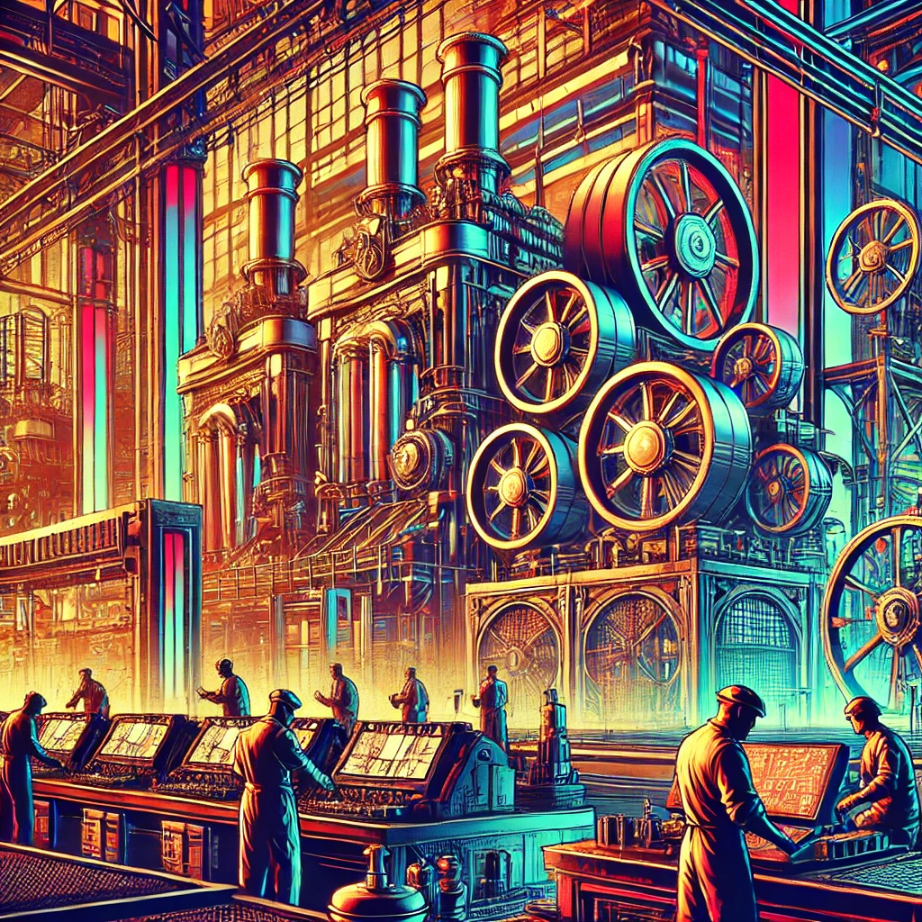 A vibrant scene of workers operating large steam machines in a futuristic factory, blending steampunk and cyberpunk styles with bold, modern elements.